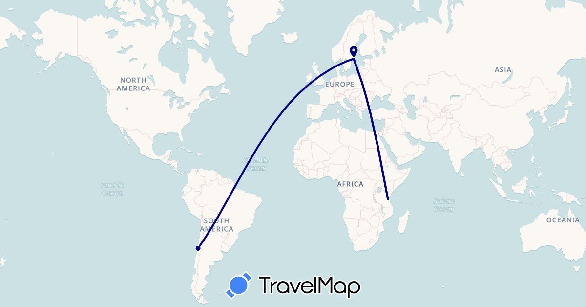 TravelMap itinerary: driving in Chile, Sweden, Tanzania (Africa, Europe, South America)